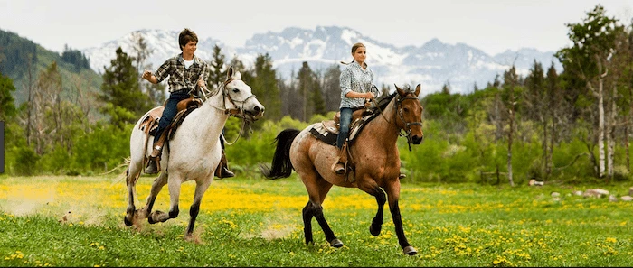 Confident plus-size woman riding Winkfield a horse through a field with a smile on her face.